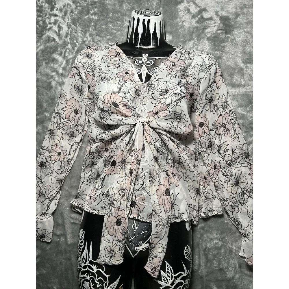Papermoon Shirt Women Size‎ Medium Floral Off-Shoulder Top Sheer Tye Up Y2K